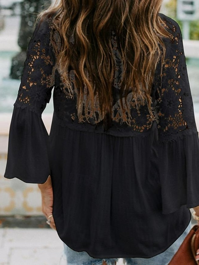 Women's White Elegant Lace Tops Eyelet Blouse Stylish