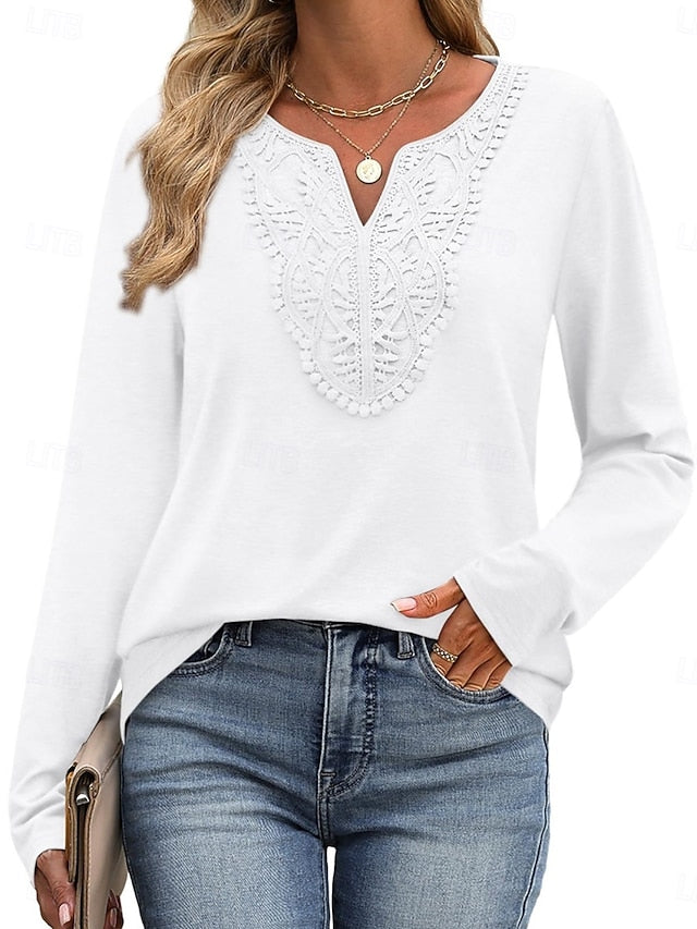 Women's Blouse Patchwork Embroidered Solid Color Stylish