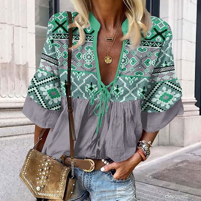 Women's Shirt Lace Shirt Blouse Ethnic Lace up Print 3/4