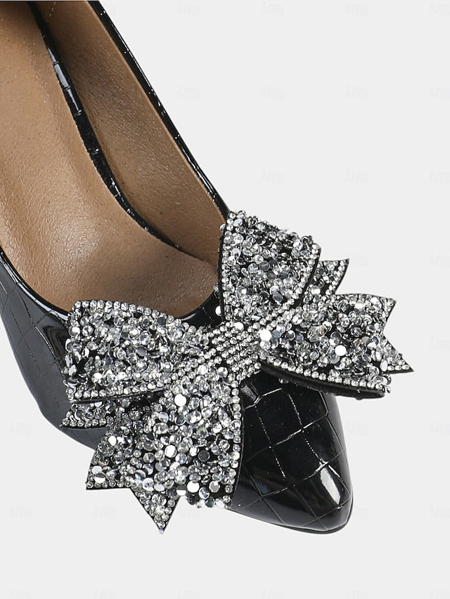 Women's Wedge Black Heels Bow with Leather Glitter Patent