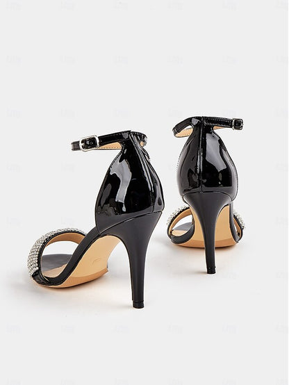 Leather Sandals Heel Black with High Rhinestone Patent
