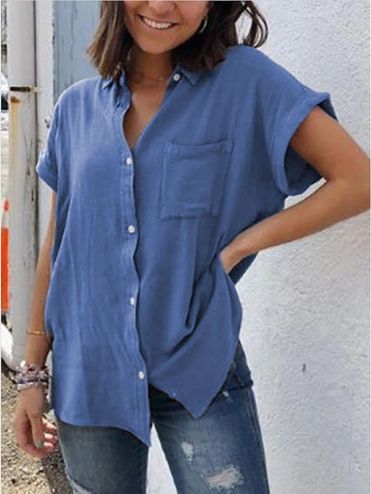 Women's Linen Blend Button Up Long Cotton Top White Cotton