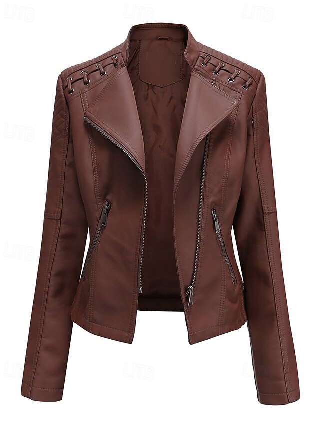 Pocket Leather Jacket Comfortable Faux Zipper Women's