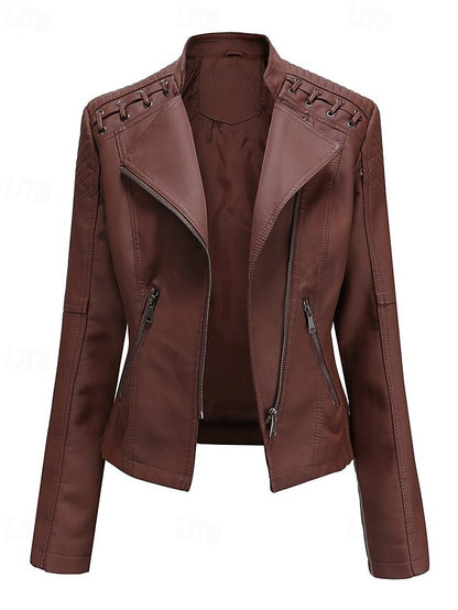 Pocket Leather Jacket Comfortable Faux Zipper Women's