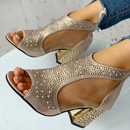 Elegant Women's Gold Heeled with Glitter Peep Sandals Toe