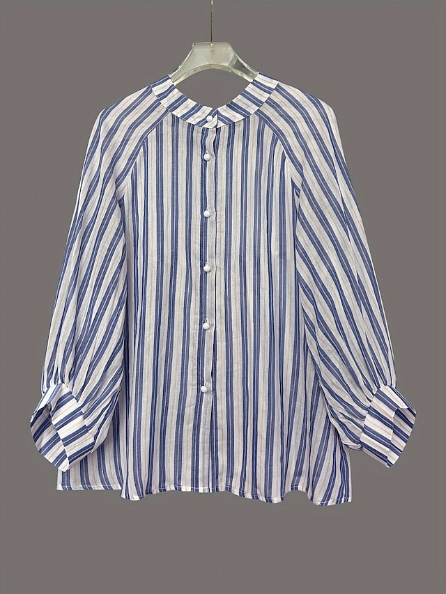 Women's Blouse Buttons Print Striped Stylish Casual Long