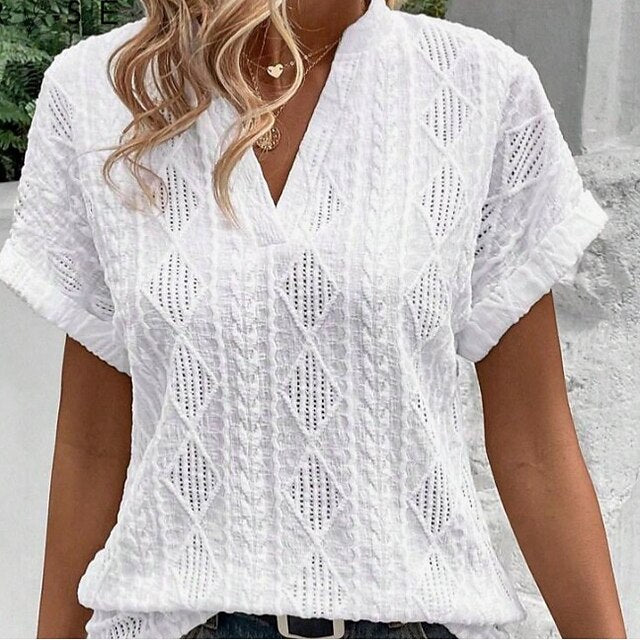 Women's Eyelet Top Pointelle Tee Elegant Short Sleeve V