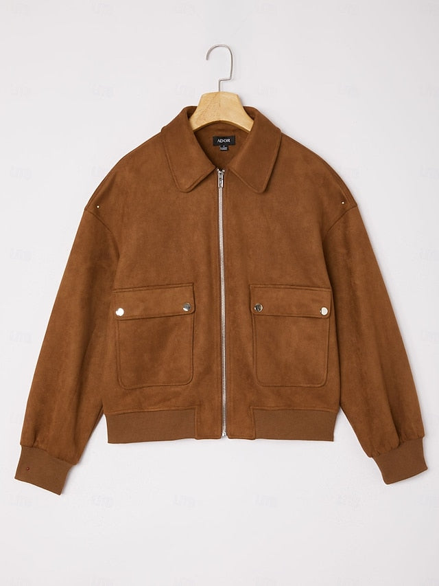 Women's Relaxed Faux Suede Zip Jacket Lapel Collar Ribbed