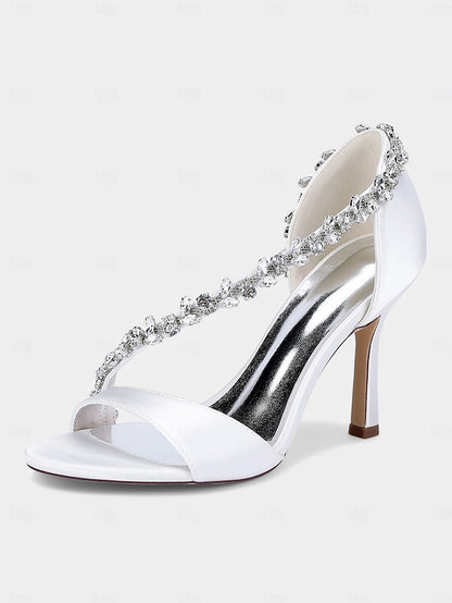 Champagne Crystal Satin High T-Strap Women's Heels with –