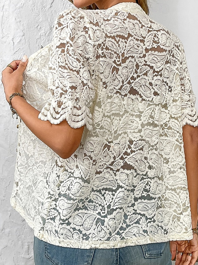 Women's Blouse Lace Tops Lace Buttons Plain Vintage Stylish