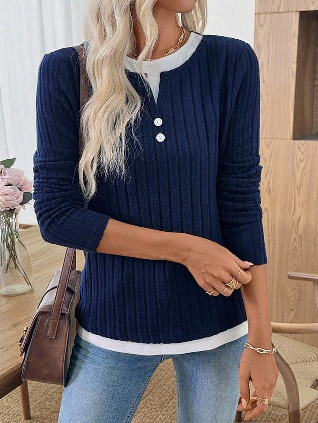 Women's Blouse Patchwork Buttons Solid Color Stylish Casual