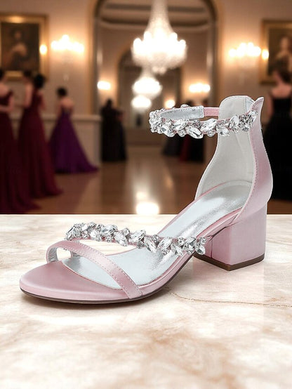 Satin Heel Block Sandals - Purple Women's Crystal
