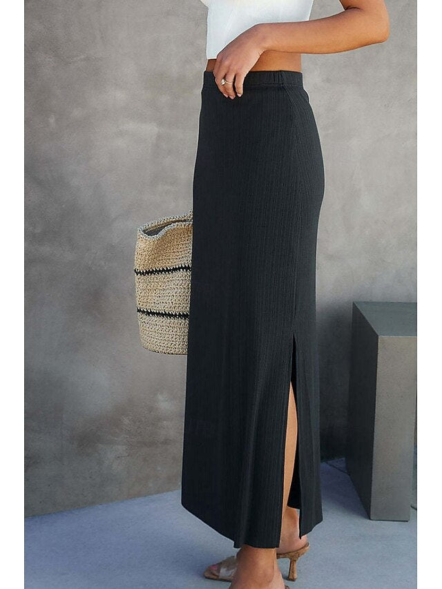 Women's Casual Midi Mid Rise Skirts Plain Split Ends