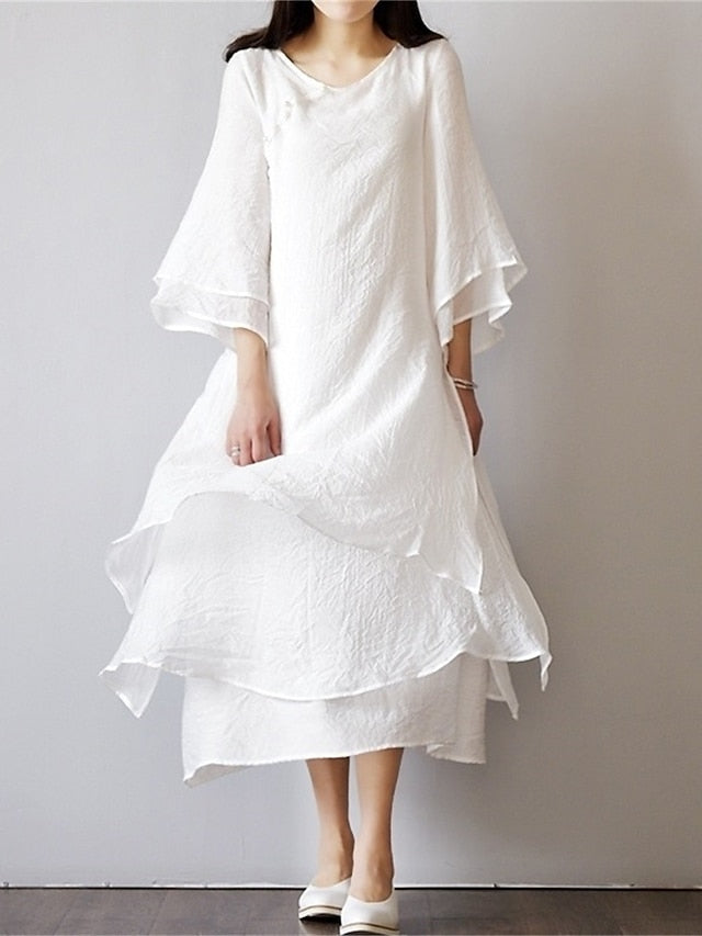 Women's Light Pink White Summer Spring Fall Midi Dress