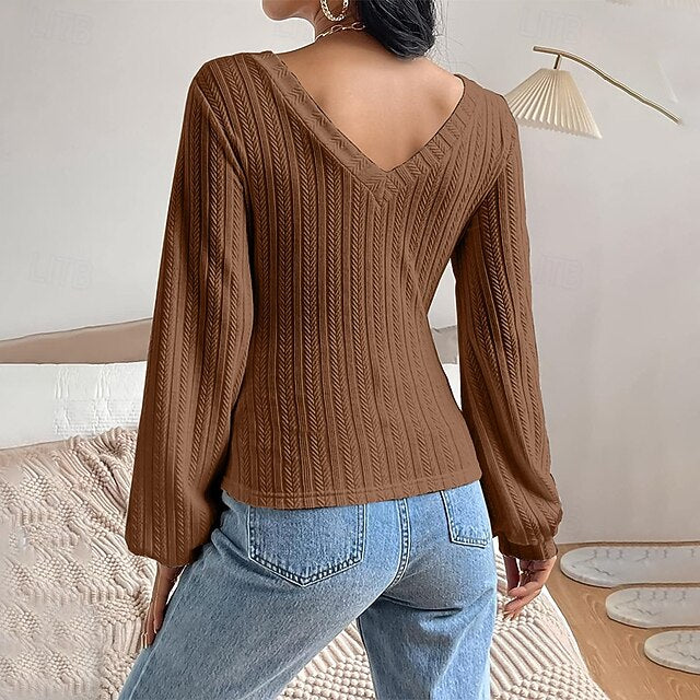 Women's Cable Knit T-Shirt Solid Color Cute Stylish Casual