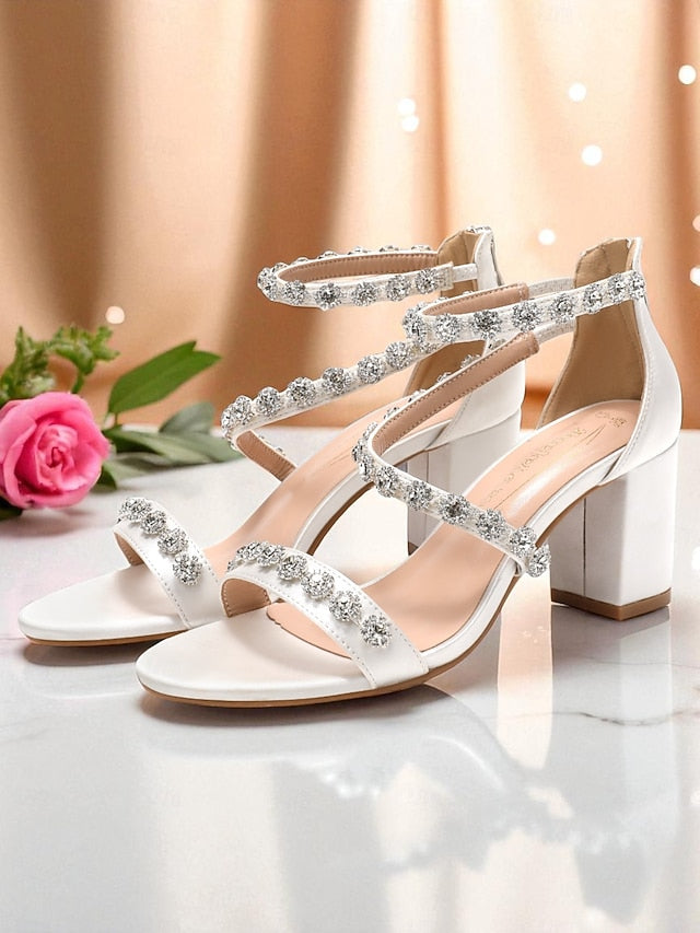 Open Women's Block Heel Elegant Rhinestone - Sandals White