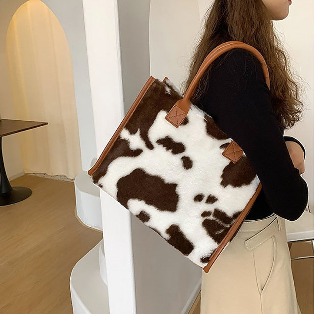 Tote Bag with Leather Faux Leopard Print Brown Women's Fur