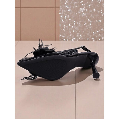 Leather Heels Black Patent with Women's Feather Slingback