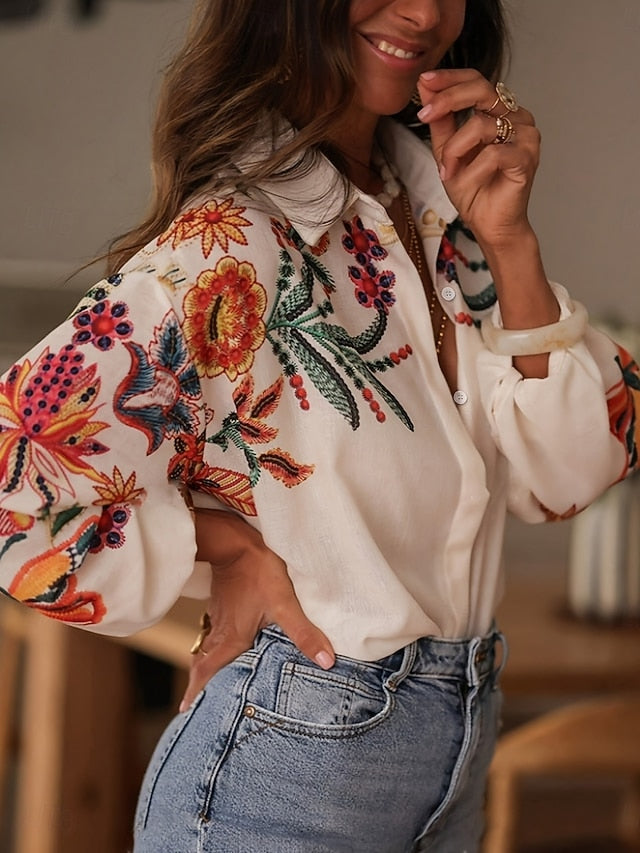 Women's Blouse Buttons Print Floral Stylish Casual Long