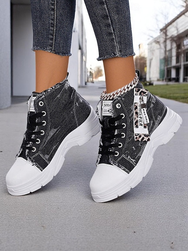 Women's Denim High Top Platform Sneakers with Leopard