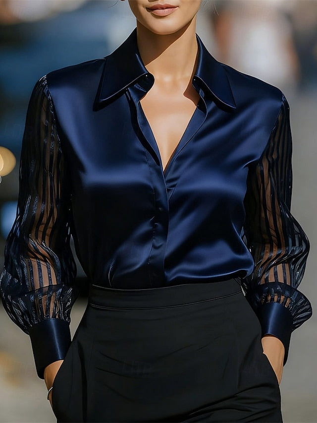 Women's Shirt Elegant Satin Top Blouse Ruched Lace