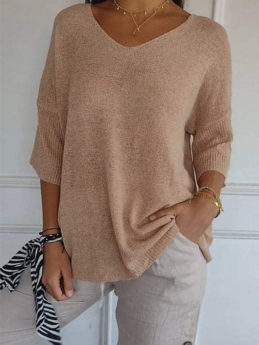 Women's Blouse Solid Color Basic Casual 3/4 Length Sleeve V
