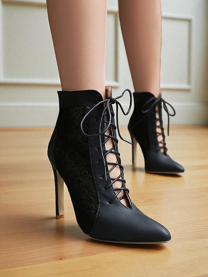 Women's Ankle White Booties Lace with Mesh Stiletto Heels