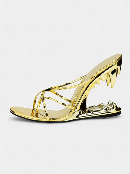 Design Metallic Sculpted Unique Sandals Gold - Flat Heel with