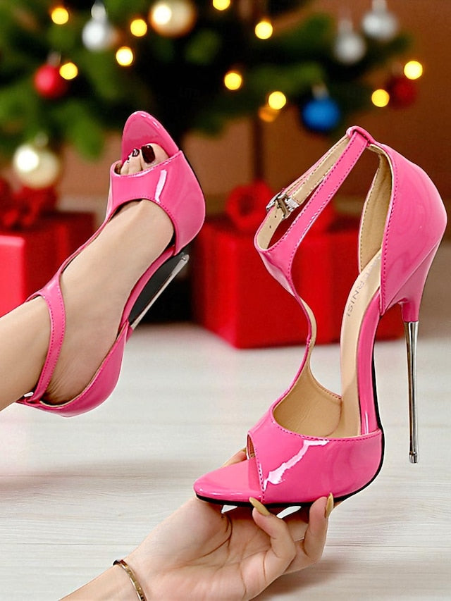 Women's Heels - Leather Strappy Open Red Stiletto Patent