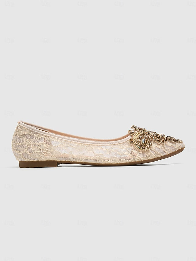 Elegant Beige with Ornate Flats Women's Lace Ballet