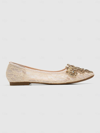 Women's Lace Ballet Elegant Flats with Ornate Beige