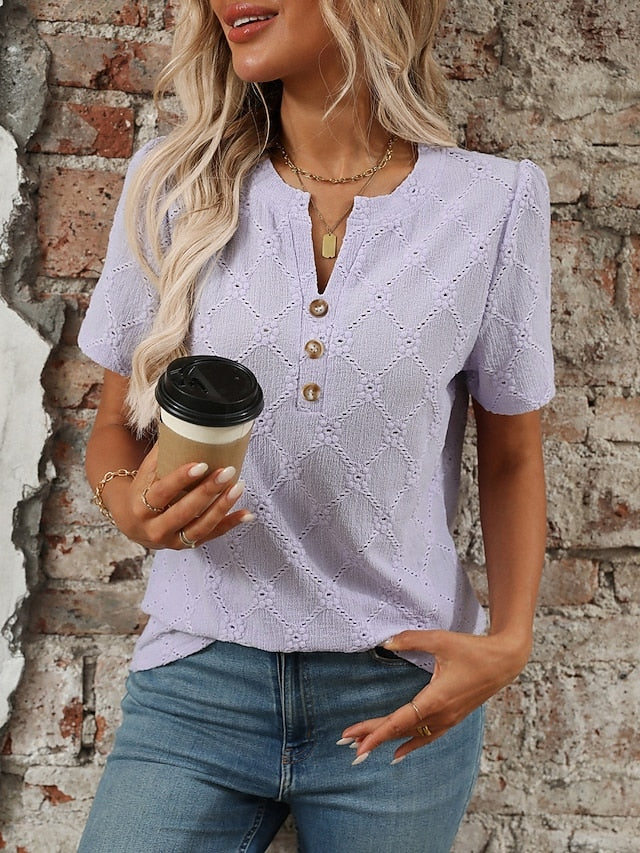 Women's T Shirt Tee Top Buttons Plain Fashion Stylish