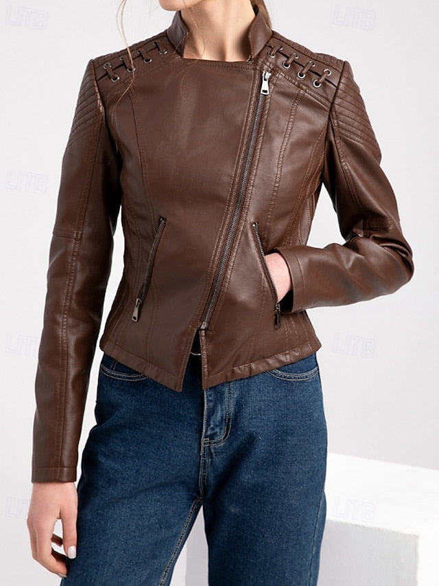 Pocket Leather Jacket Comfortable Faux Zipper Women's