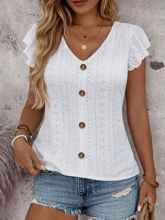 Women's T Shirt Tee Top Ruffle Eyelet Buttons Plain Fashion