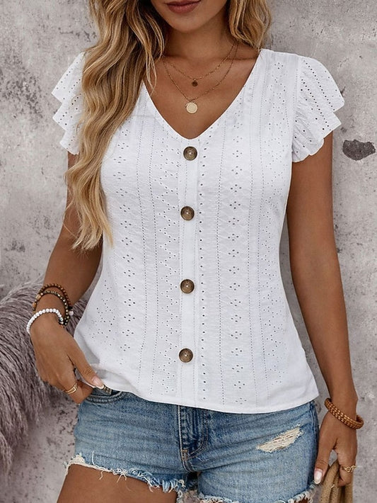 Women's T Shirt Tee Top Ruffle Eyelet Buttons Plain Fashion