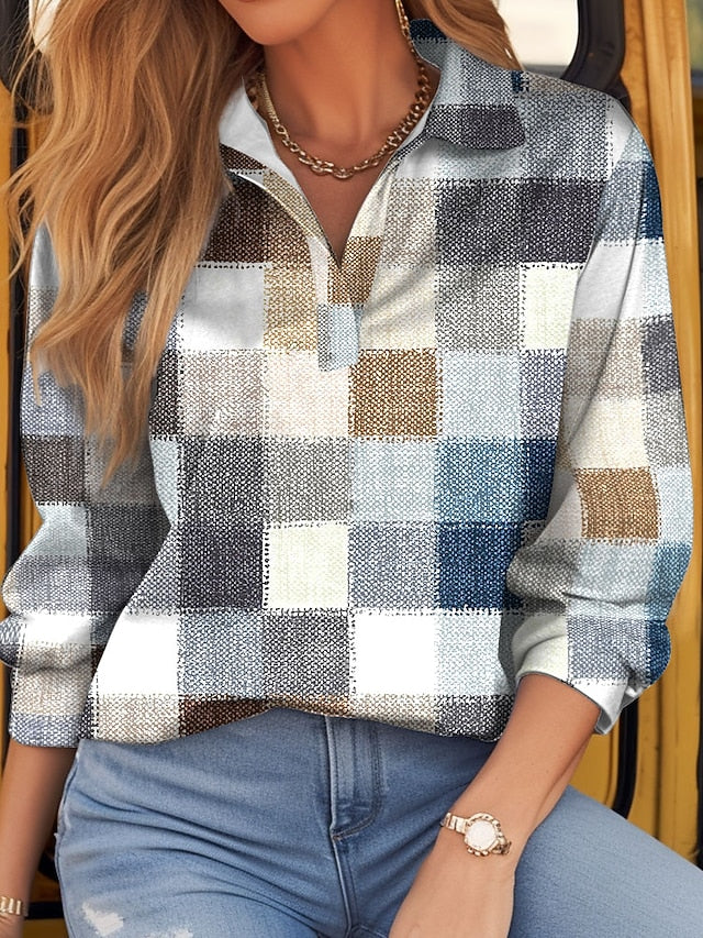Women's T shirt Long Sleeve Plaid Basic Long Sleeve Shirt
