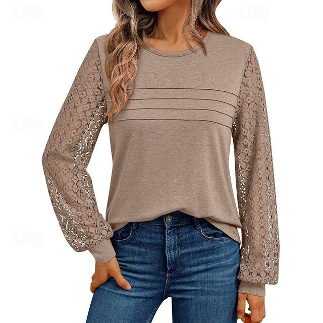 Color Tee Top Shirt Women's T Patchwork Eyelet Solid