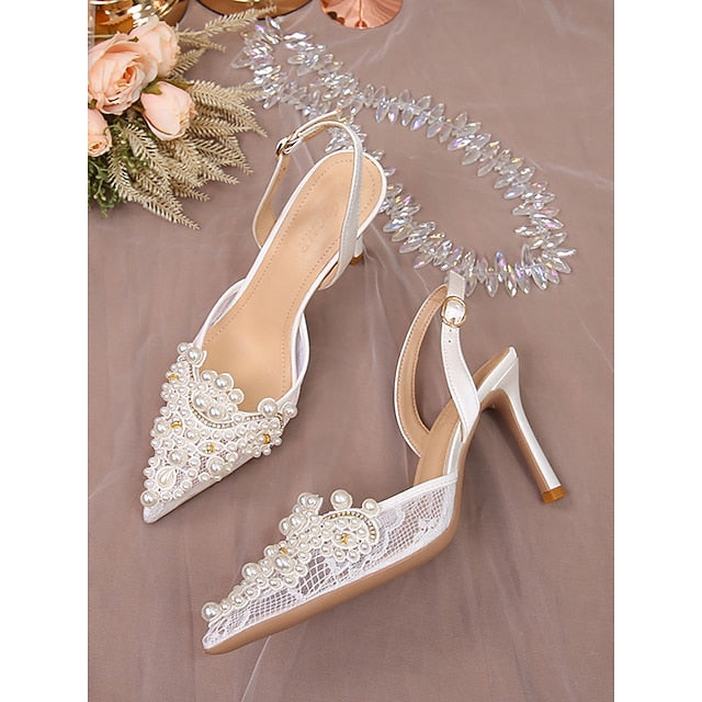 Slingback Pearl-Embellished Pointed-Toe White Kitten with Heel