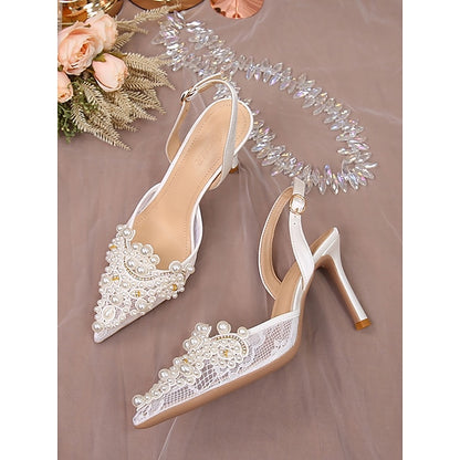 Slingback Pearl-Embellished Pointed-Toe White Kitten with Heel