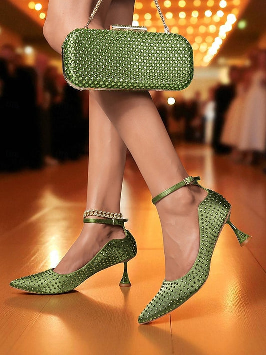 Clutch Rhinestone Matching and Bag Green Set Women's Heels