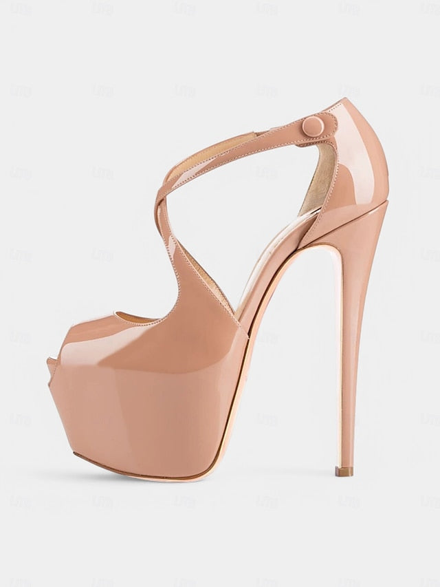 Red Leather Black Patent Heels Cross and Platform Stiletto with