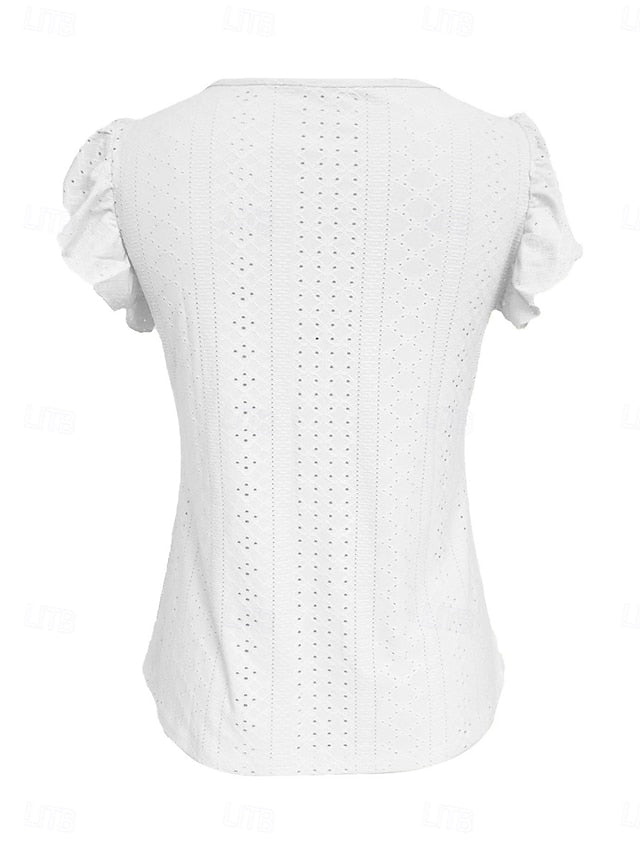 Women's T Shirt Tee Top Ruffle Eyelet Buttons Plain Fashion