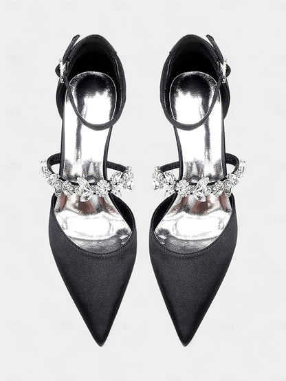 Black Satin with Embellishments Women's - Heels Rhinestone