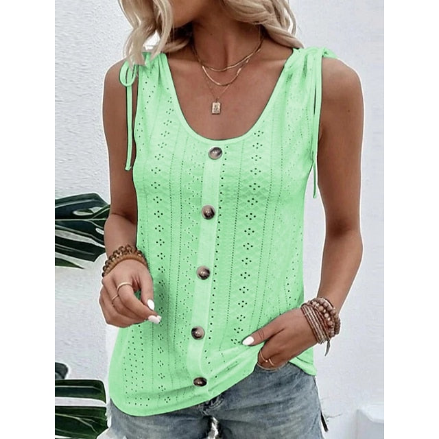 Women's Tank Top Eyelet Buttons Plain Fashion Stylish