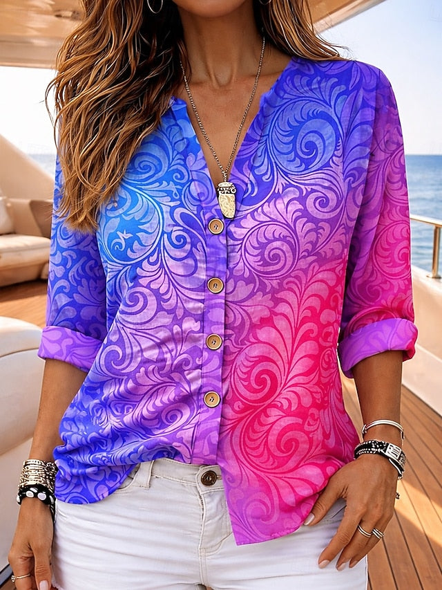 Women's Shirt Tunic Summer Tops Buttons Ombre Graphic
