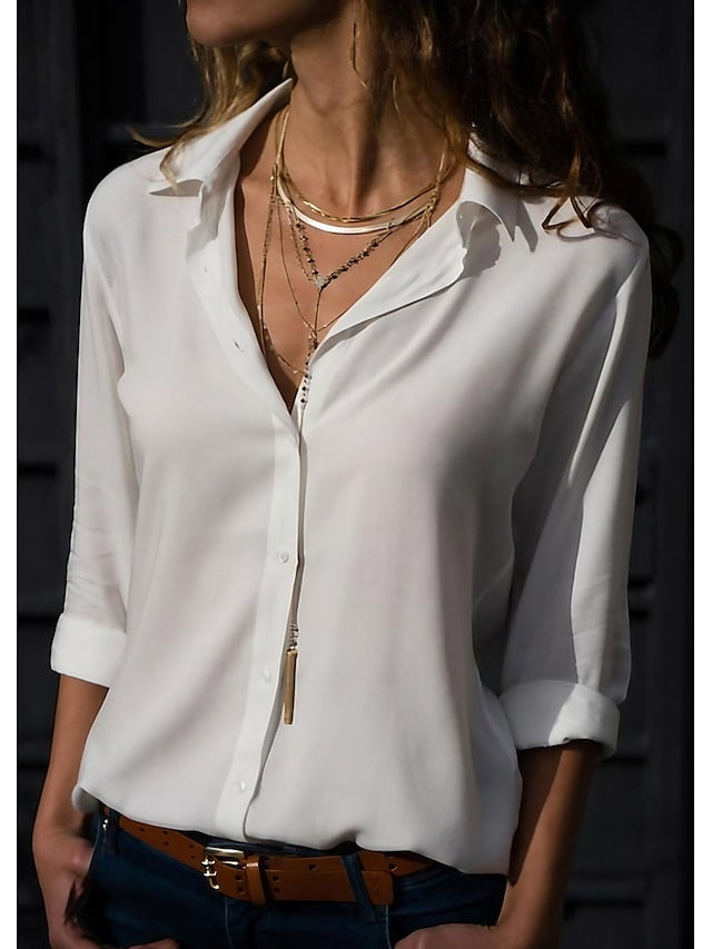 Women's Shirt Blouse Black White Blue Plain Long Sleeve