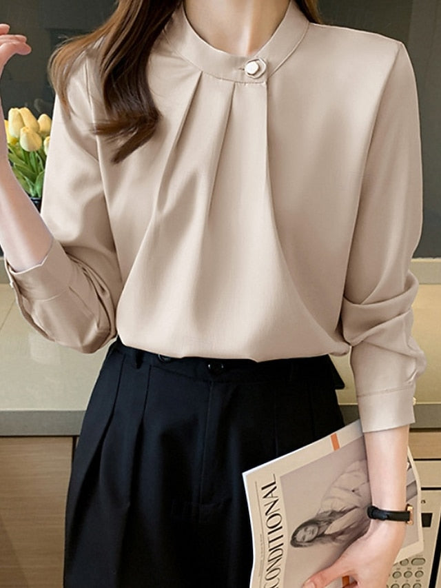 Women's Shirt Elegant Dressy Satin Top Ruched Buttons Plain