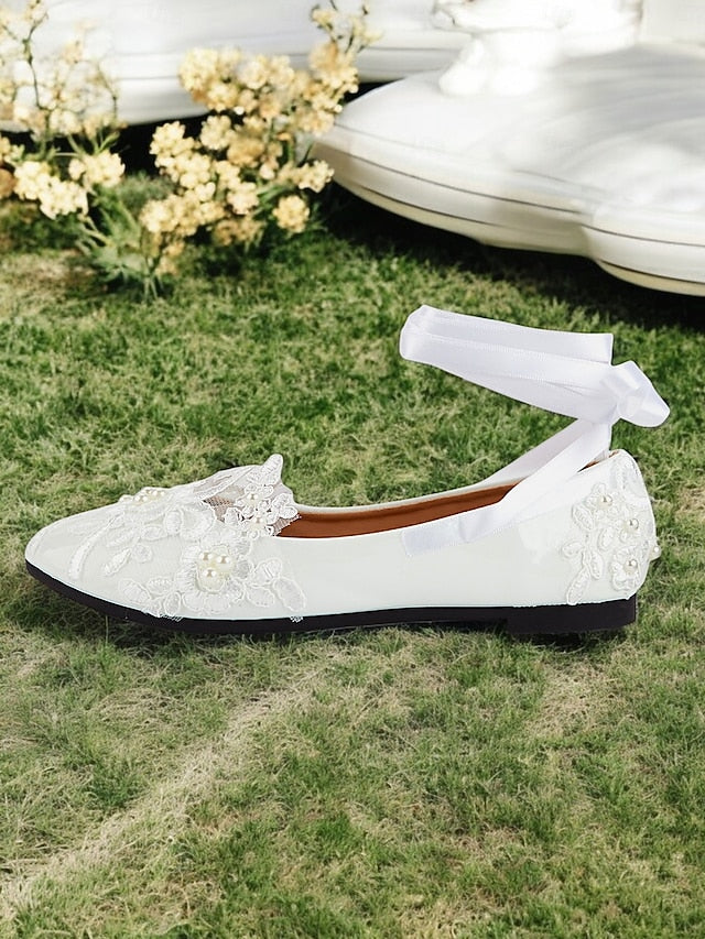 Wedding Ribbon Lace White Shoes - Ties Elegant Bridal Flats with