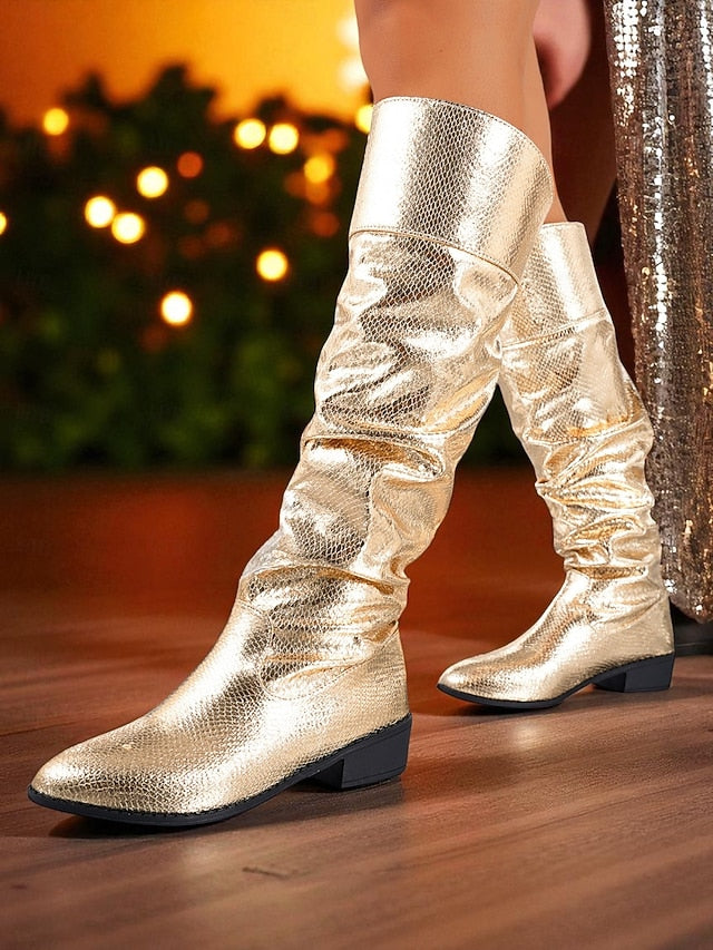 Boots Party Shiny Women's Knee High Slouch Metallic Gold -
