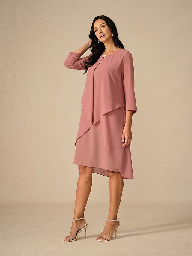 Women's Evening Dress Cape Sleeve Knee-Length Elegant Green
